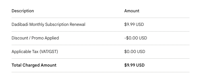 Financial breakdown table: Dadibadi monthly subscription renewal, discounts, tax, and total charged
